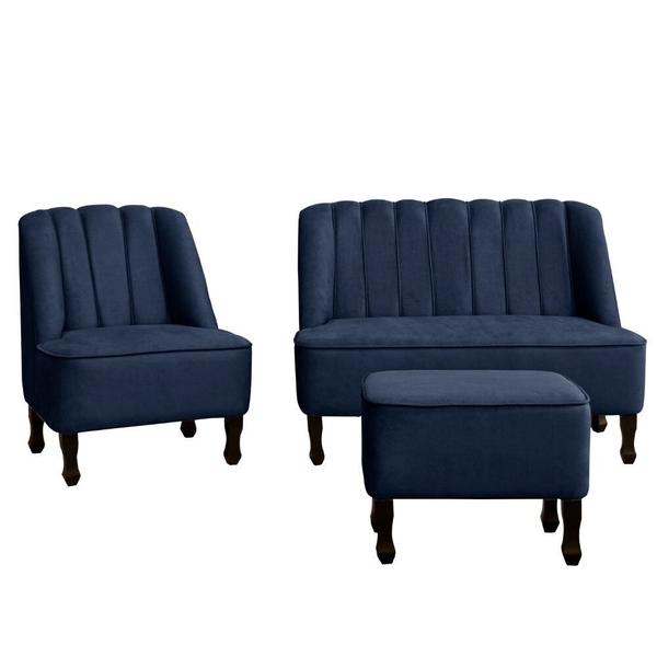 Imagem de Kit 2 Poltronas com 1 Sofá e 1 Puff Carlita Classic Luxo Sala material sintético Azul Marinho - Ahazzo Móveis