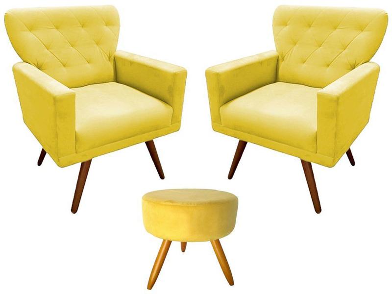 Imagem de Kit 2 Poltronas Decorativa Aurora + 1 Puff Redondo Suede Amarelo Pés Madeira Mz Decor