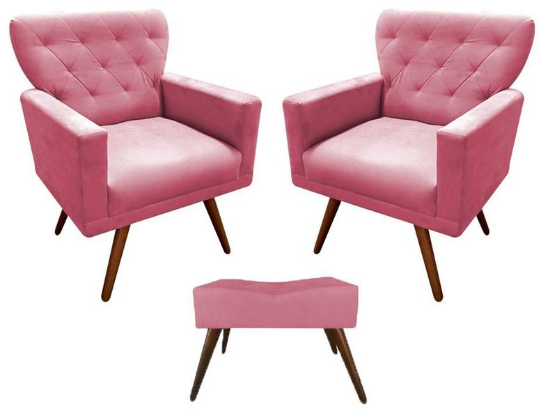 Imagem de Kit 2 Poltronas Decorativa Aurora + 1 Puff Retangular Suede Rosa Pés Madeira Mz Decor