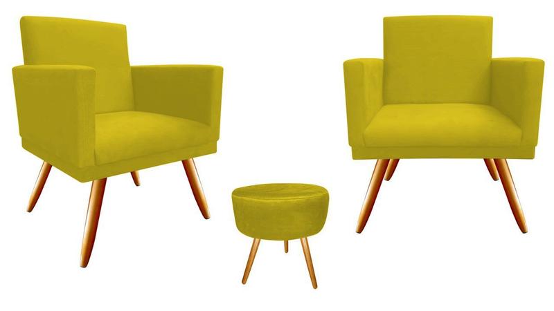 Imagem de Kit 2 Poltronas Decorativa Bia + Puff Redondo Suede Amarelo Pés Madeira Ms Decor