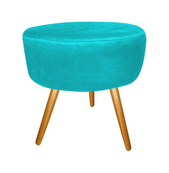 Imagem de Kit 2 Poltronas Decorativa Bia + Puff Redondo Suede Azul Tifany Pés Madeira Mz Decor