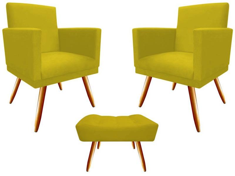 Imagem de Kit 2 Poltronas Decorativa Bia + Puff Retangular Suede Amarelo Pés Madeira Mz Decor