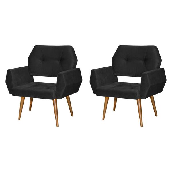 Imagem de Kit 2 Poltronas Decorativa Breda Prime Veludo Preto Base Fixa em Madeira Maciça