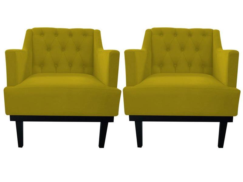 Imagem de Kit 2 Poltronas Decorativa Clássica Capitonê Couro Amarelo Pés Madeira Mz Decor