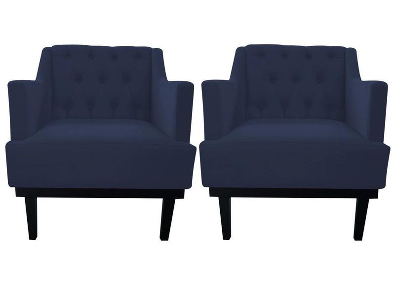 Imagem de Kit 2 Poltronas Decorativa Clássica Capitonê Suede Azul Marinho Pés Madeira Mz Decor