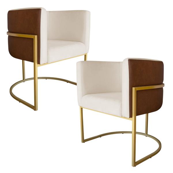 Imagem de Kit 2 Poltronas Decorativa Cristal Base Gold Veludo Bege/Pu Caramelo - Montanaris Decor