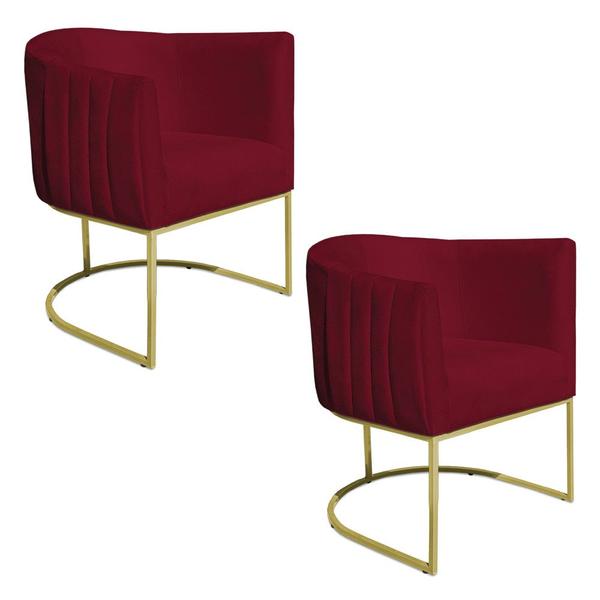 Imagem de Kit 2 Poltronas Decorativa Elisa Suede Vermelho Base de Ferro Dourado - Pallazio