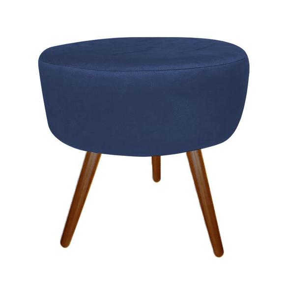 Imagem de Kit 2 Poltronas Decorativa Emilia + Puff Redondo Suede Azul Marinho Pés Madeira Mz Decor