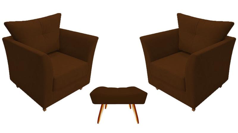 Imagem de Kit 2 Poltronas Decorativa Isis + Puff Retangular Suede Marrom Pés Madeira Mz Decor