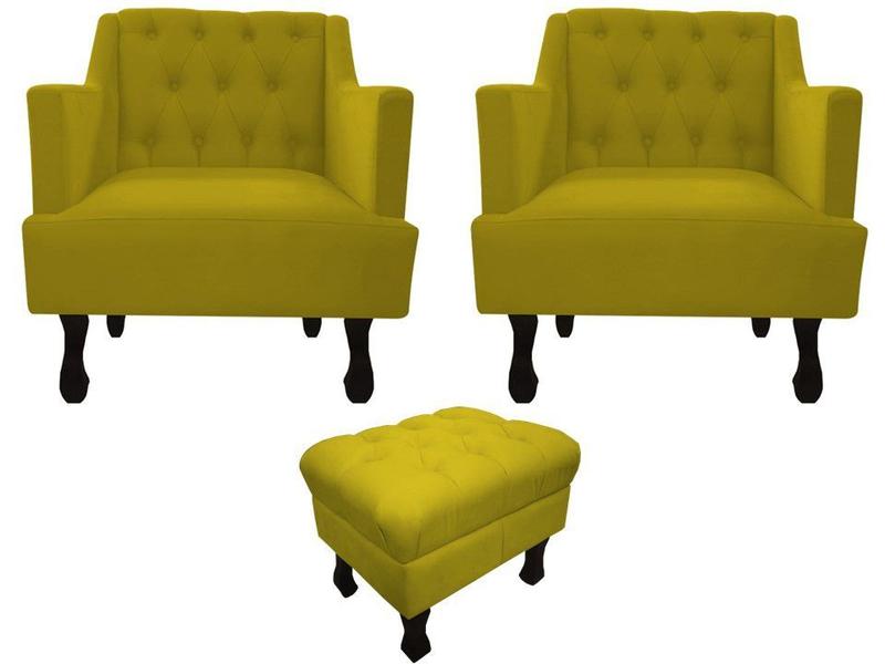 Imagem de Kit 2 Poltronas Decorativa Julia + Puff Luis Xv Suede Amarelo Pés Madeira Mz Decor