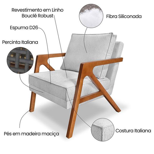 Imagem de Kit 2 Poltronas Decorativa Luiza Linho Bouclê Cinza Base em Madeira Castanho - Pallazio