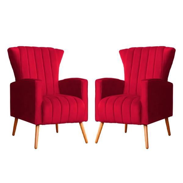 Imagem de Kit 2 Poltronas Decorativa Melinda Veludo Vermelho Pés Madeira Mz Decor