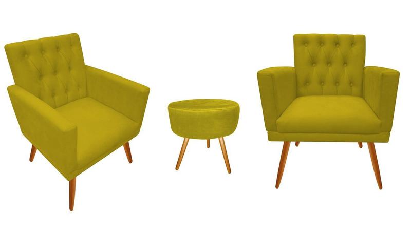 Imagem de Kit 2 Poltronas Decorativa Nina Capitonê + Puff Redondo Couro Amarelo Pés Madeira Ms Decor