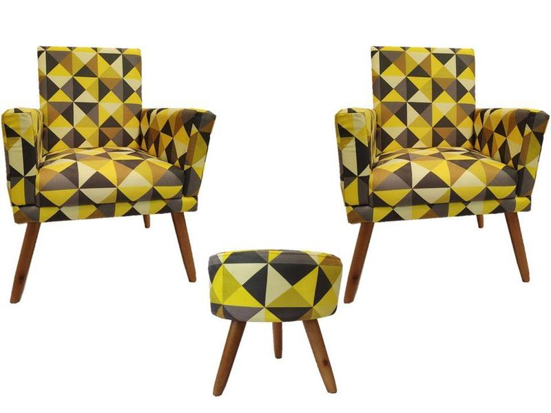 Imagem de Kit 2 Poltronas Decorativa Nina + Puff Redondo Suede Triângulo Amarelo Pés Madeira Mz Decor