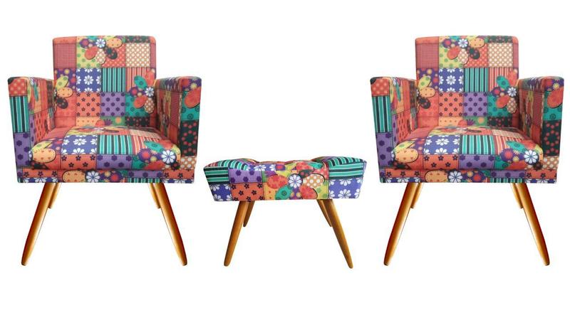 Imagem de Kit 2 Poltronas Decorativa Nina + Puff Retangular Suede Patchwork Pés Madeira Ms Decor