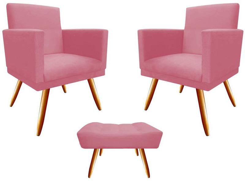 Imagem de Kit 2 Poltronas Decorativa Nina + Puff Retangular Suede Rosa Pés Madeira Mz Decor