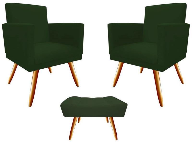 Imagem de Kit 2 Poltronas Decorativa Nina + Puff Retangular Suede Verde Pés Madeira Mz Decor