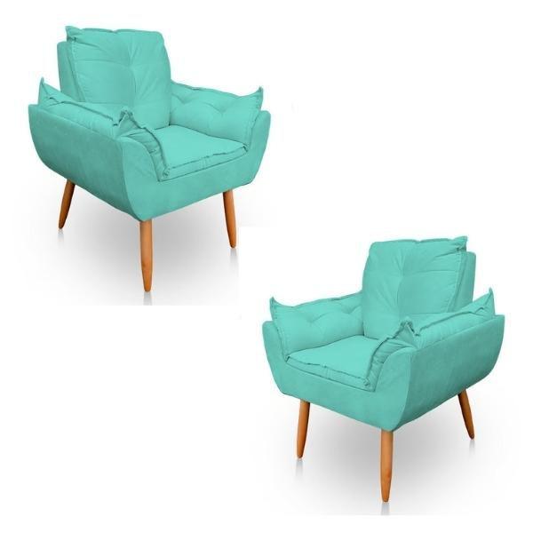 Imagem de Kit 2 Poltronas Decorativa Opala Sala de Estar Veludo Azul Turquesa Kimi Decor