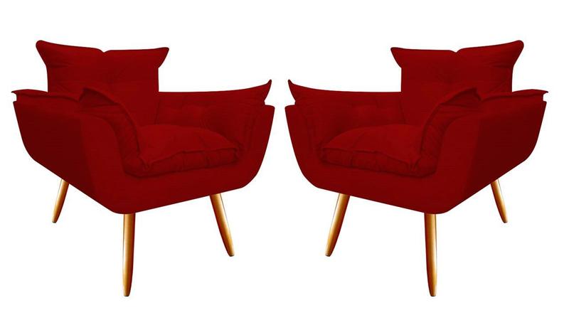 Imagem de Kit 2 Poltronas Decorativa Opala Suede Vermelho Pés Madeira Mz Decor