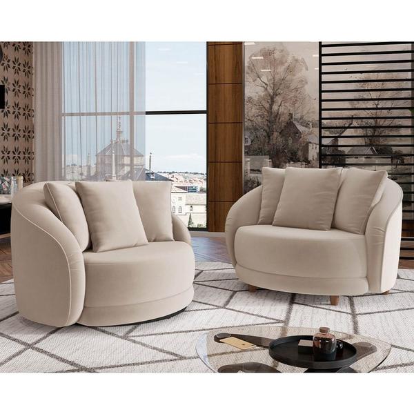 Imagem de Kit 2 Poltronas Decorativa para Sala Pés Madeira Kaly M22 Veludo Bege - Mpozenato