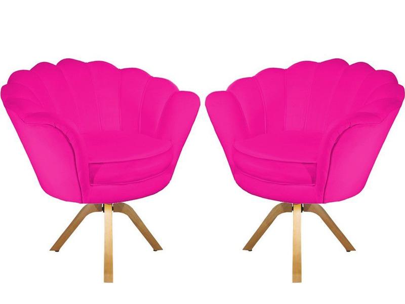 Imagem de Kit 2 Poltronas Decorativa Pétala Base Giratória Madeira Couro Rosa Pink Mz Decor