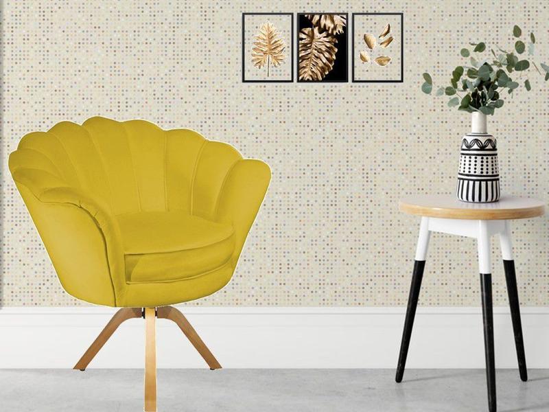 Imagem de Kit 2 Poltronas Decorativa Pétala Base Giratória Madeira Suede Amarelo Mz Decor