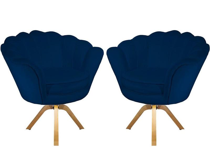 Imagem de Kit 2 Poltronas Decorativa Pétala Base Giratória Madeira Suede Azul Marinho Mz Decor