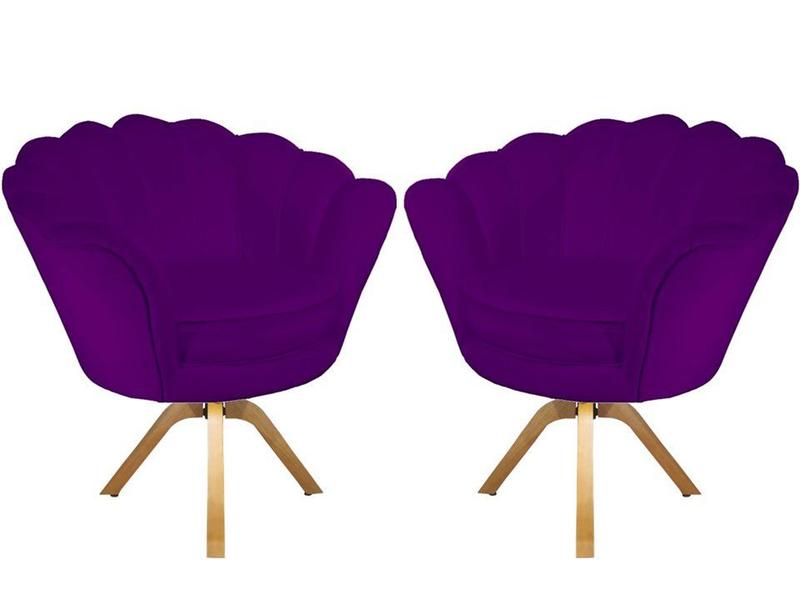 Imagem de Kit 2 Poltronas Decorativa Pétala Base Giratória Madeira Suede Roxo Mz Decor