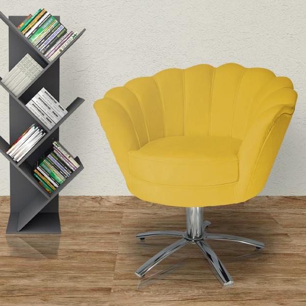 Imagem de Kit 2 Poltronas Decorativa Pétala Base Giratória Metal Couro Amarelo Mz Decor