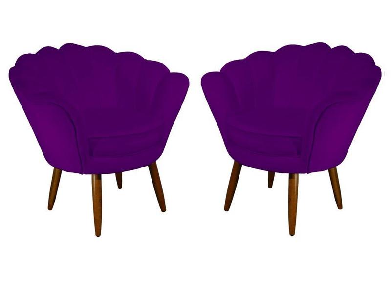 Imagem de Kit 2 Poltronas Decorativa Pétala Suede Roxo Pés Madeira Mz Decor