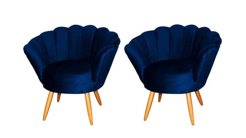 Imagem de Kit 2 Poltronas Decorativa Pétala Veludo Azul Marinho Pés Madeira Ms Decor