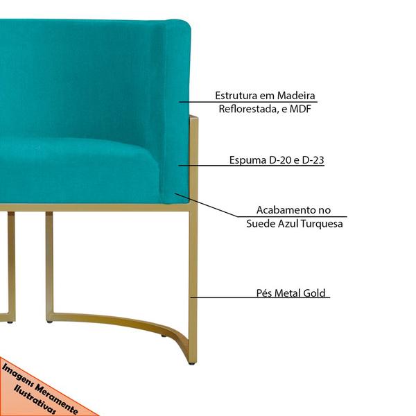 Imagem de Kit 2 Poltronas Decorativa Sala de Estar Luana Base Gold Suede Azul Turquesa - Montanaris Decor