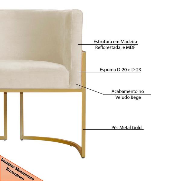 Imagem de Kit 2 Poltronas Decorativa Sala de Estar Luana Base Gold Veludo Bege - Montanaris Decor