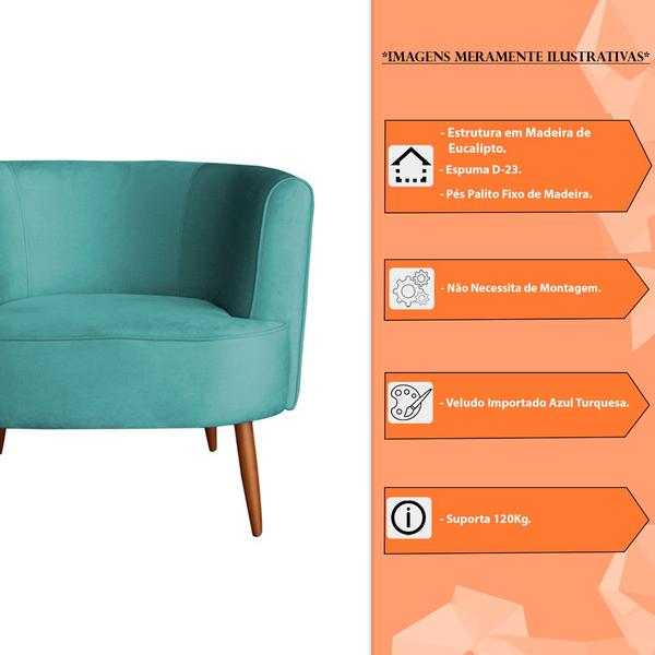 Imagem de Kit 2 Poltronas Decorativa Sala de Estar Megan Veludo Azul Turquesa - Montanaris Decor