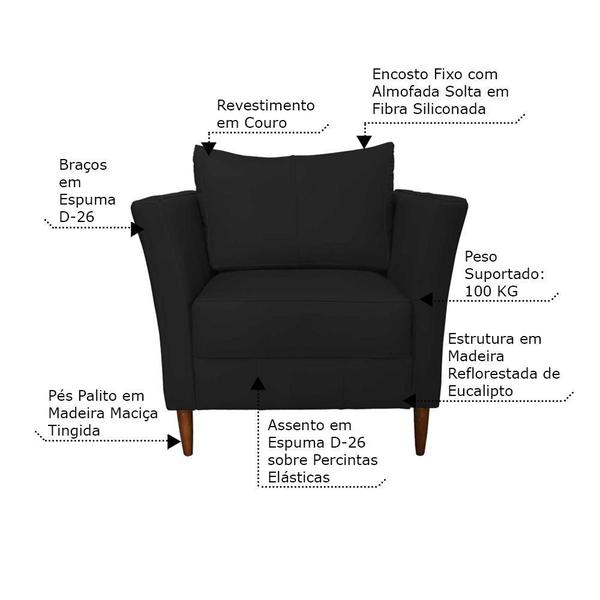 Imagem de Kit 2 Poltronas Decorativa Sala de Estar Pés Palito Lubbock Couro Preto G58 - Gran Belo