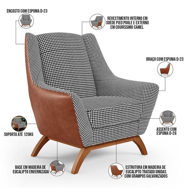 Imagem de Kit 2 Poltronas Decorativas Base Em Madeira Juliet D02 Sintético Camel B-14 Pied Poule - Lyam Decor