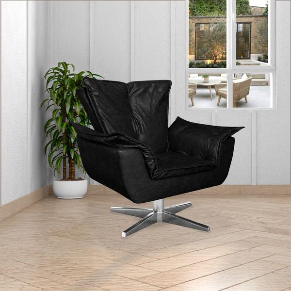 Imagem de Kit 2 Poltronas Decorativas Base Giratória Cromada Charger PU Preto G19 - Gran Belo