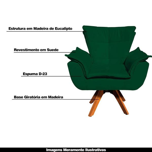 Imagem de Kit 2 Poltronas Decorativas Base Giratória em Madeira Charger Suede Verde G19 - Gran Belo