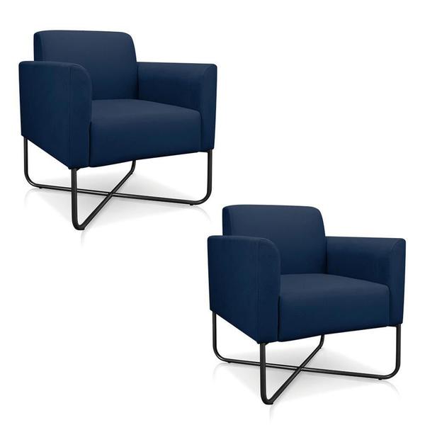 Imagem de Kit 2 Poltronas Decorativas Base Industrial X Preta Maressa S01 Suede Azul Marinho