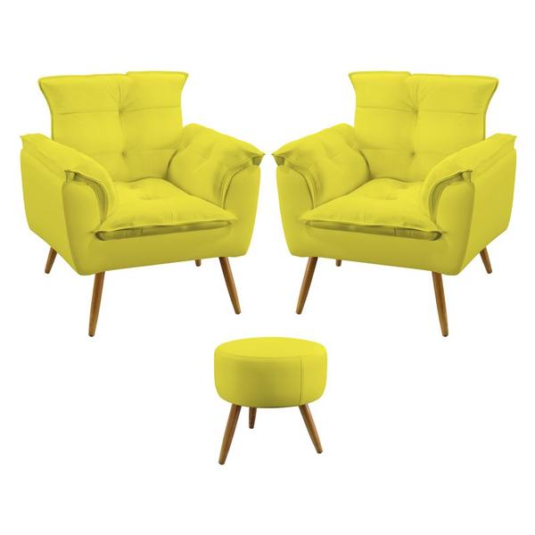 Imagem de Kit 2 Poltronas Decorativas Beta e Puff Solar Suede Amarelo Aradecor