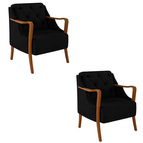 Imagem de Kit 2 Poltronas Decorativas Braços em Madeira Hand Veludo Preto G45 - Gran Belo