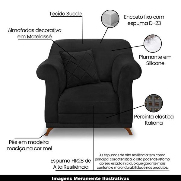 Imagem de Kit 2 Poltronas Decorativas com 2 Almofadas Armstrong Suede Preto G63 - Gran Belo