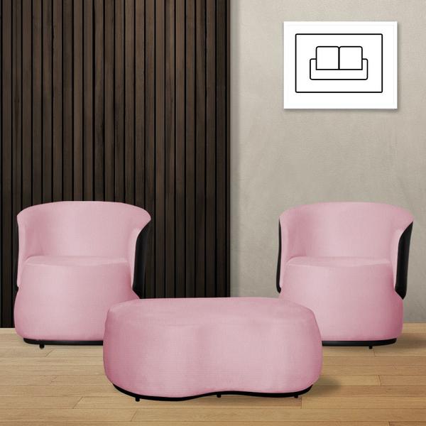 Imagem de Kit 2 Poltronas Decorativas e 1 Puff Grande Estilo Orgânico Beatriz Suede Composê material sintético Preto - Estopar