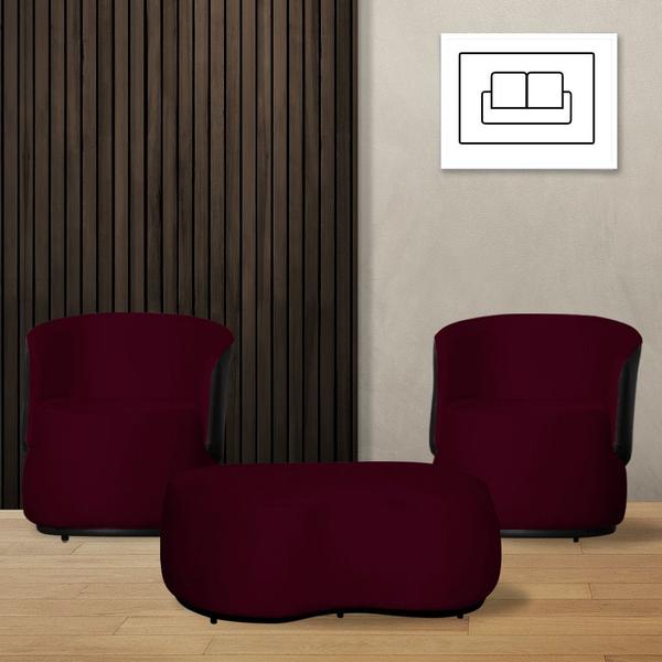 Imagem de Kit 2 Poltronas Decorativas e 1 Puff Grande Estilo Orgânico Beatriz Suede Composê material sintético Preto - Estopar