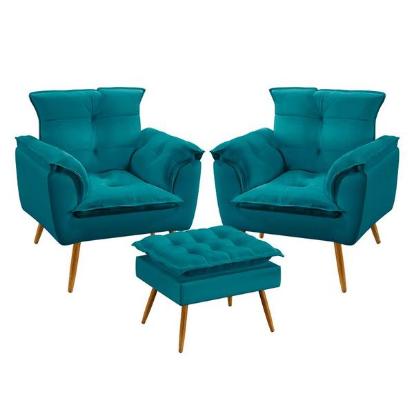 Imagem de Kit 2 Poltronas Decorativas Estofadas Beta com Puff Lunar Sued Azul Turquesa Aradecor