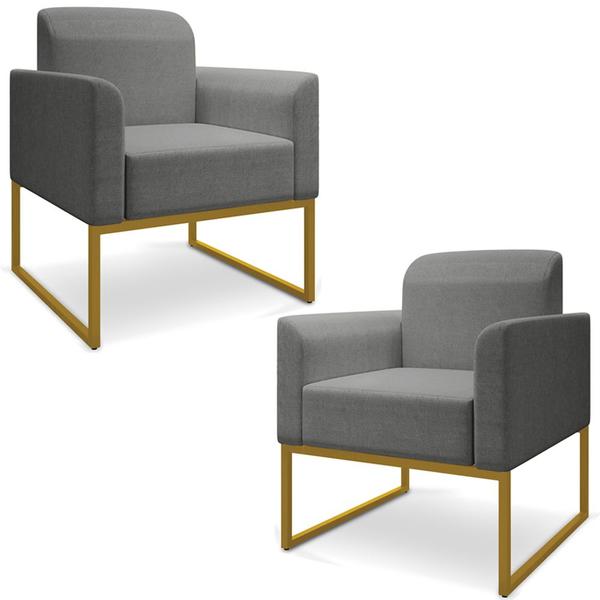 Imagem de Kit 2 Poltronas Decorativas Isabella Base Industrial Linho Grafite/Dourado G19