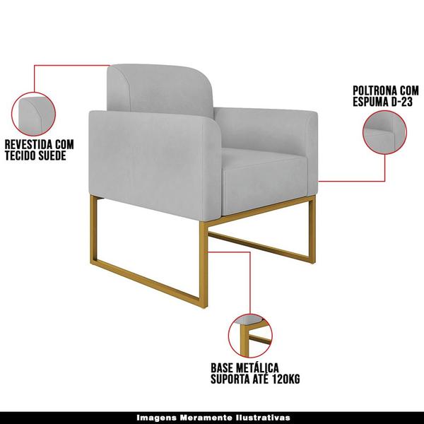 Imagem de Kit 2 Poltronas Decorativas Isabella Base Industrial Suede Cinza/Dourado G19