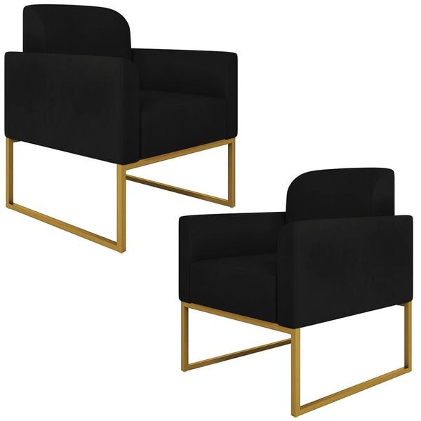 Imagem de Kit 2 Poltronas Decorativas Isabella Base Industrial Suede Preto/Dourado G19