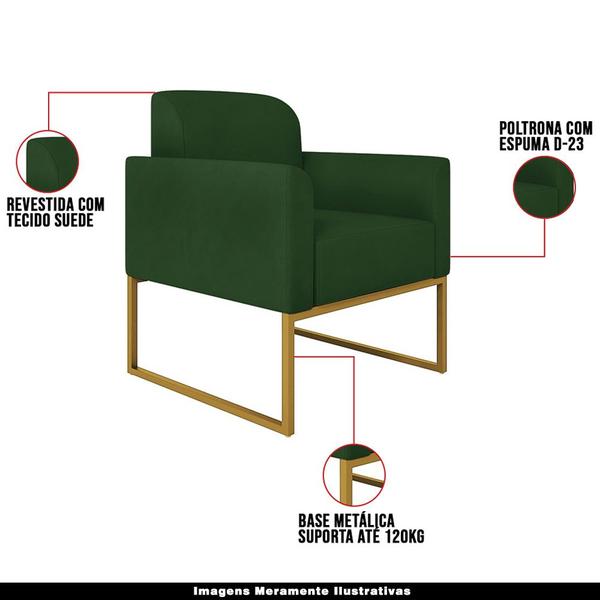 Imagem de Kit 2 Poltronas Decorativas Isabella Base Industrial Suede Verde/Dourado G19