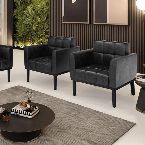 Imagem de Kit 2 Poltronas Decorativas Karen Pés Fixo em Madeira PU Preto Brilho G19 - Gran Belo